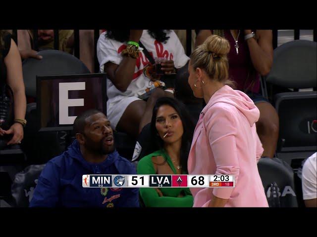 Floyd Mayweather & Becky Hammon Have Conversation Courtside In Las Vegas Aces Win vs Minnesota Lynx