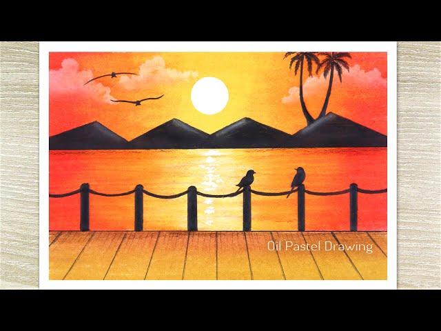 How to draw a Sunset scenery with oil pastel, Sunset drawing