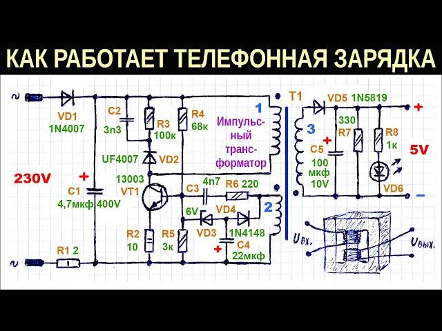 Подробное объяснение работы схемы импульсного блока питания (зарядки телефона) на одном транзисторе