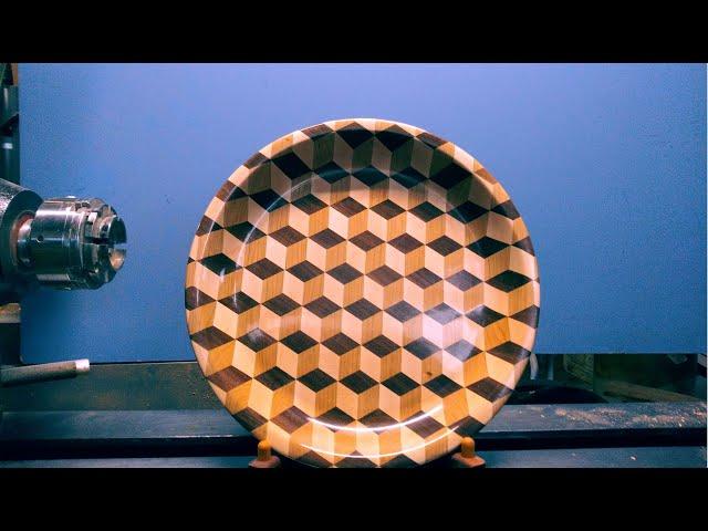 Wood Turning Large Tumbling Block Bowl Escher Style