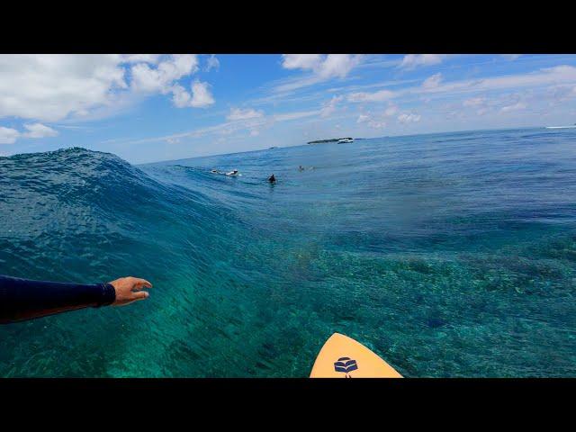 Sheet glass over crystal clear tropical reef | RAW POV MALDIVES SURF SESSION