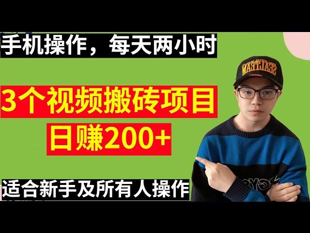 【网赚项目】3个视频搬砖项目，手机操作，每天两小时，日赚200+，适合新手及所有人操作（副业项目100招 第22）