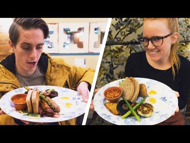 British Food - Vegetarian Vs. Meat Full English Breakfast! (Americans Try British Food)