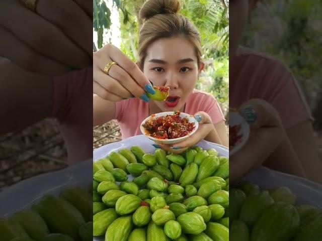 Sour Fruit, Eating Bilimbi fruit with red salt chill 