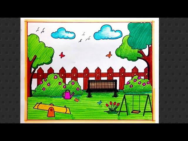 How To Draw Garden Scenery Drawing Step-by-step/ Flower Garden Drawing Easy For Beginners