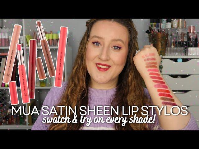 MUA SATIN SHEEN LIP STYLOS! Swatch & Try On *EVERY SHADE* Lipstick Swatches For All 13 Colours