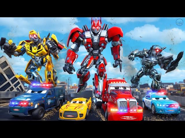 Transformers Epic Battle: OptimusPrime, Bumblebee, Cop Cars vs Evil Megatron Robot! Hero Cars Movie