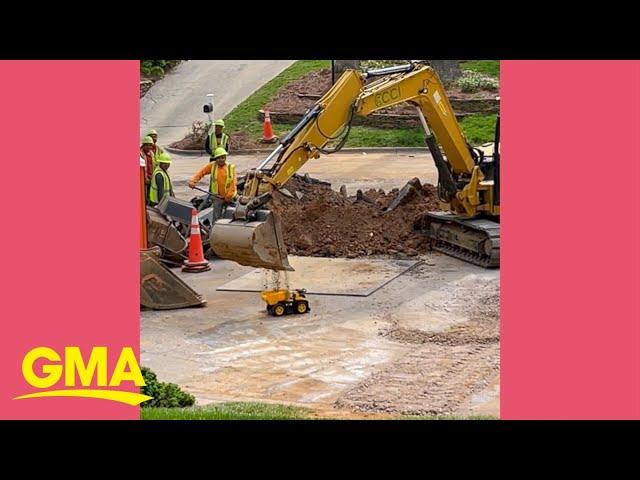 Construction crew fills little boy's toy dump truck with dirt l GMA