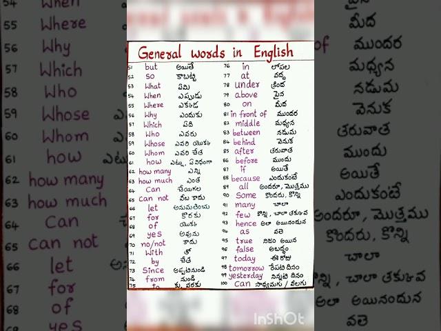 GENERAL ENGLISH WORDS 1-100 WITH MEANING IN TELUGU... (2/2)