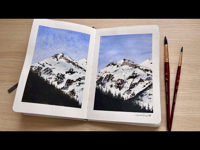 Paint a snowy mountain landscape with me | step by step watercolor tutorial