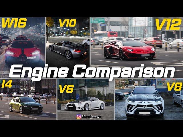 Engine Sound Comparison - 3, 4, 5, 6, 8, 10, 12 and Bugatti 16 cylinders