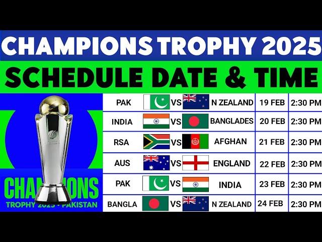 ICC Champions Trophy 2025 Schedule Time Table | Champions Trophy 2025 Schedule