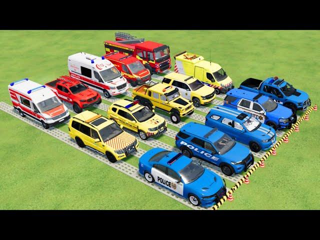 TRANSPORTING ALL POLICE CARS, AMBULANCE, FIRE TRUCK, COLORFUL CARS WITH TRUCK -FARMING SIMULATOR 22!