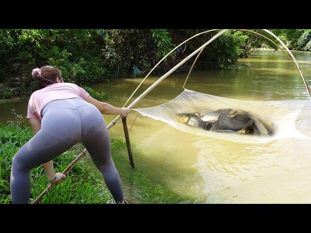 Girl Fishing - Traditional Fishing using Bamboo and Fishing Net in The Rive - Amazing Fishing