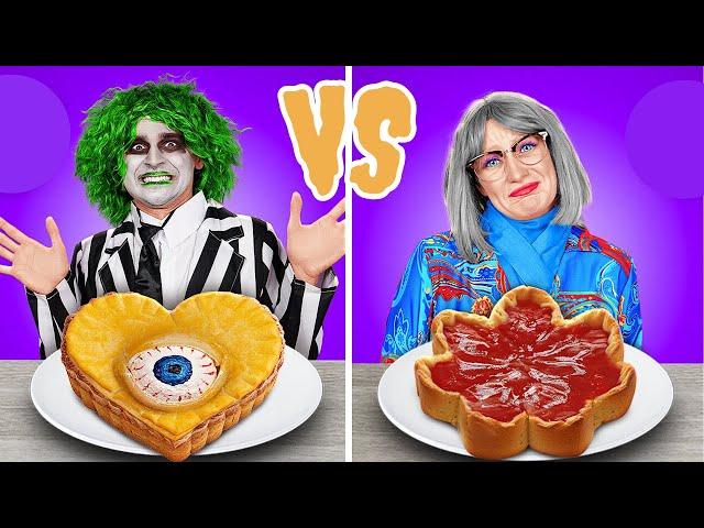 NOUA PROVOCARE DE GĂTIT! Eu VS Beetlejuice VS Bunica! Mâncare Dulce și Amuzantă de la 123 GO!