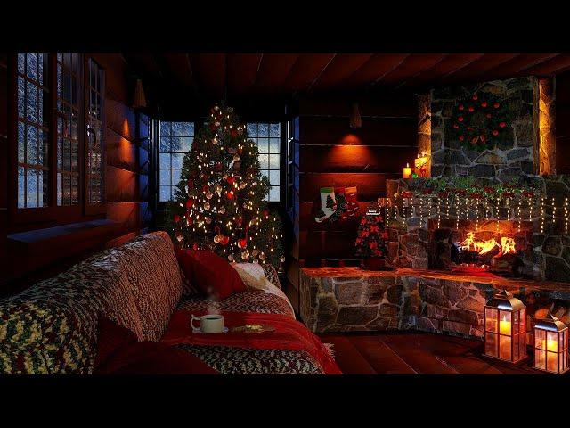 Cozy Christmas Log Cabin  Ambience - Relaxing Fireplace and Blizzard Sound for deep sleep