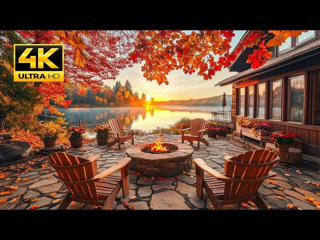 Cozy Morning Lakeside Autumn Retreat: Crackle Fire Pit, Relax Water Sounds. Peaceful Nature Sounds