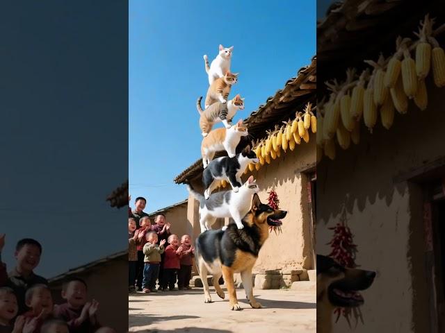 7 cats are stacked layer by layer. The dog at the bottom is really amazing