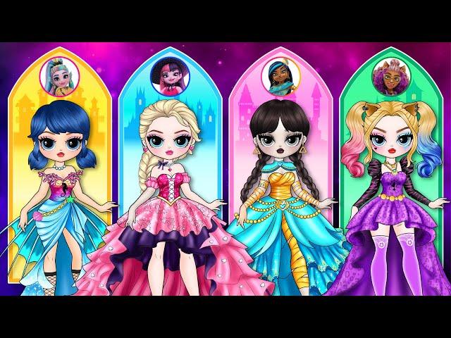 Elsa, Ladybug & Wednesday become Princess | Monster High G3 | 35 Paper Dolls & Crafts