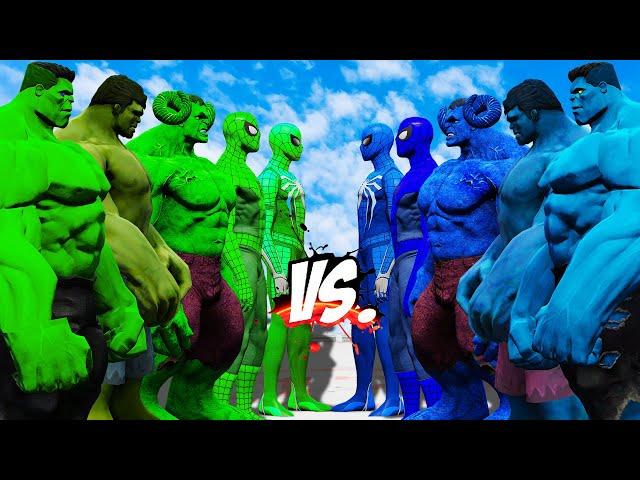 TEAM GREEN ( 3 HULK & 2 SPIDER-MAN) VS TEAM BLUE (3 HULK & 2 SPIDER-MAN ) - EPIC SUPERHEORES WAR