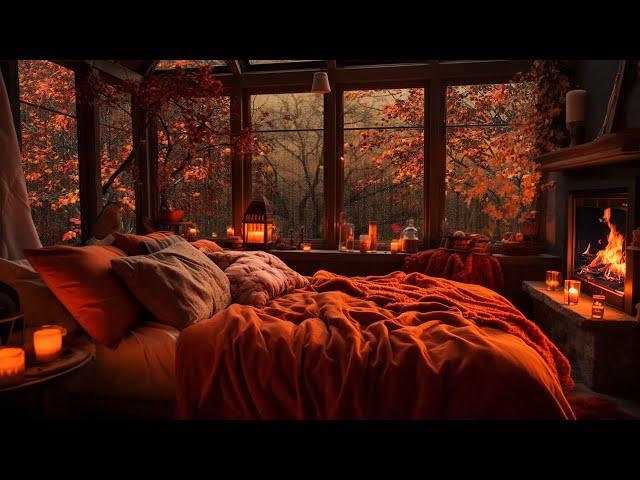 Relax in a Cozy Bedroom with Soft Autumn Rain and Fireplace Comfort