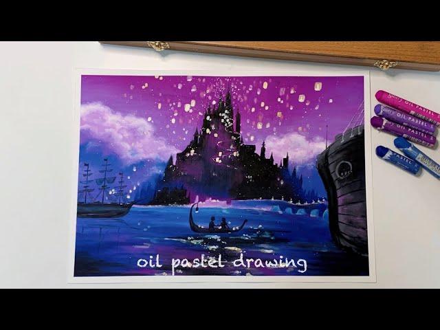 ENG) How to draw a Scenery of the movie ‘Tangled’, oil pastel landscape, Oil pastel drawing