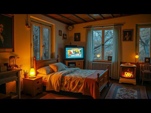 Soft Jazz in Cozy Bedroom on Rainy Day with Crackling Fireplace to Relax