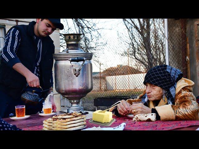 Grandma Making Special Breakfast with Samovar Tea! Azerbaijan Country Life