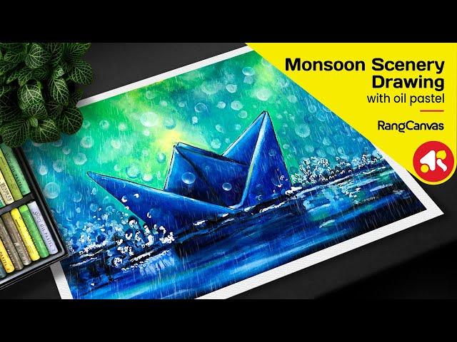 Monsoon drawing oil pastel | Monsoon scenery drawing | Monsoon drawing - Rang Canvas