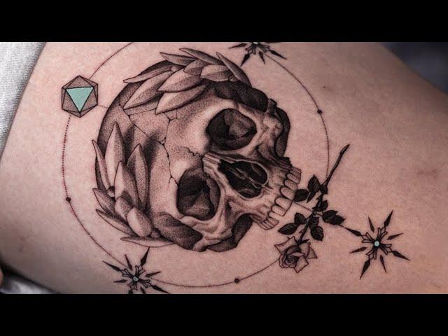 BLACK and GREY SKULL & ROSE TATTOO TIMELAPSE | Real Time Tattooing