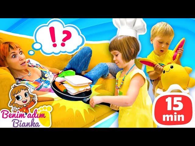 Eccilik oyunları! Bianka pizza ve meyveleri çikolata yapıyor! Çocuklar için eğitici video