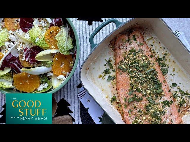 Mary Berg's Roasted Salmon with Pistachio Gremolata and Winter Greens Salad | The Good Stuff