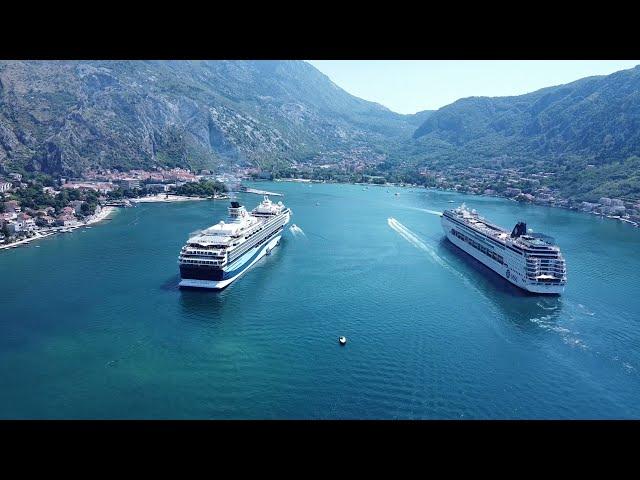 Crazy cruise ship race, Kotor,  Boka bay, Montenegro, Drone footage 4k