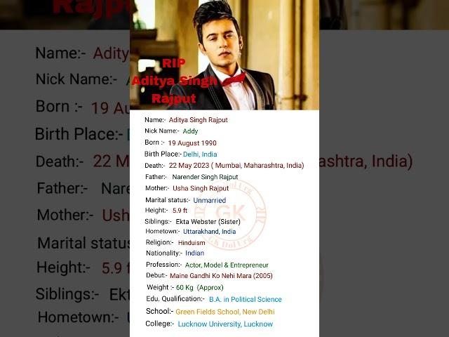 Bollywood Actor Aditya Singh Rajput ji ka Biography #viral #youtubeshorts #shortvideo#shorts #short