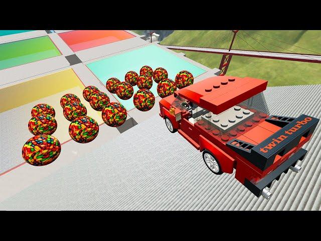 Destroying CARS with Candy Balls Stair Jump Down - BeamNG Drive