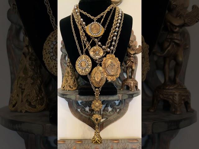 One of a kind layered gold vintage lockets perfect for gifts this season by Madonna & Child Jewelry.