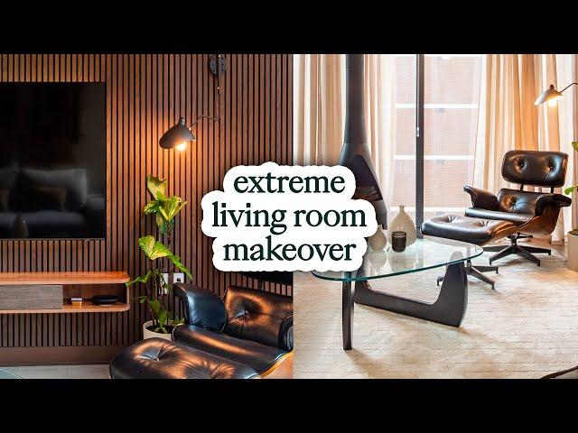 EXTREME modern living room makeover | Eames chair, slat wall & DIY fireplace