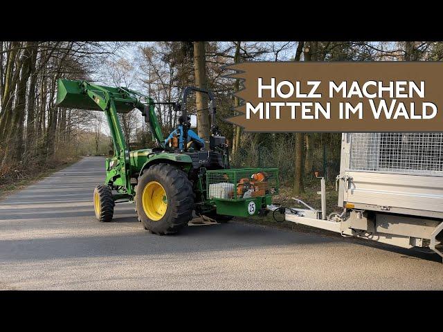 Brennholz machen mit John Deere 4049M + Stihl MSA 220 + Humbaur HTK 3500.31 mitten im Wald