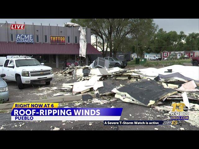 Roof of building blown off in wild windy storms in North Pueblo