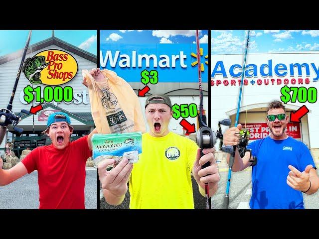 1v1v1 WALMART vs BASS PRO SHOP vs ACADEMY Fishing Challenge (Rod, Reel, Lures!)