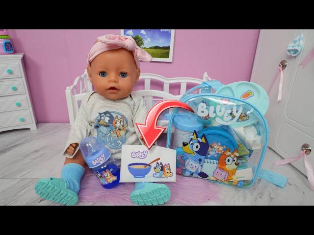 Baby Born doll packing Bluey baby bag with DIY Doll food and accessories