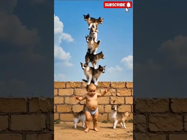 You Won’t Believe 5 Puppies & 5 Kittens Balanced on This Baby’s Head!  #shorts