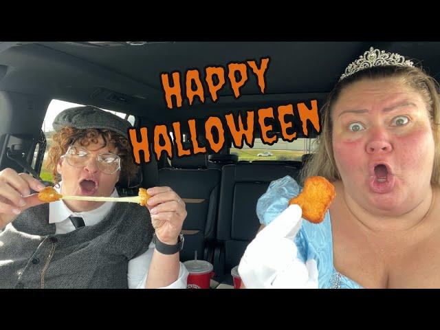 Crystal and Tammy eat Cook Out for Halloween 