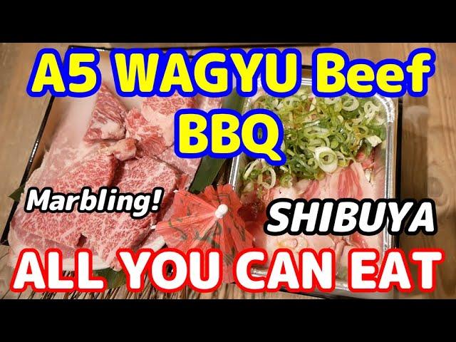 All-you-can-eat A5 marbled wagyu beef, premium tongue, & over 100 sides at BBQ Takeda Shibuya, Japan