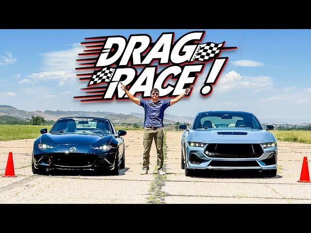 V8 Swapped Miata vs Ford Mustang GT Drag Race & Roll Race