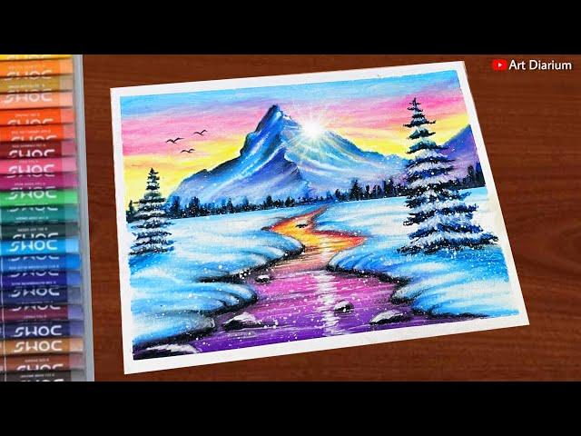 Winter Mountain Landscape Drawing with Oil Pastels | Step-by-Step Tutorial