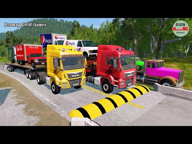 Double Flatbed Trailer Truck vs speed bumps|Busses vs speed bumps|Beamng Drive|202