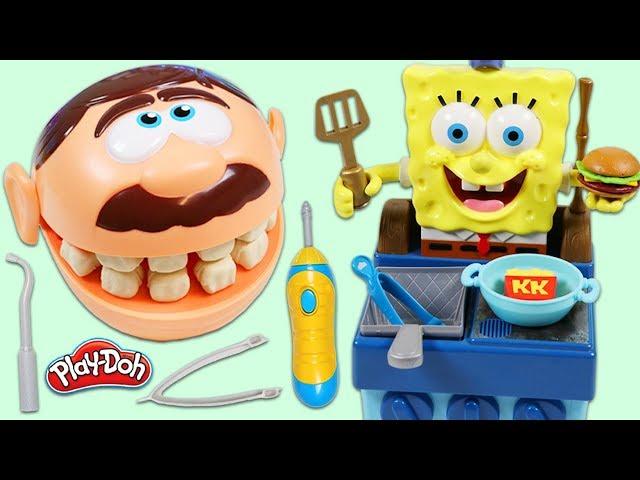 Feeding Mr. Play Doh Head With SpongeBob Krabby Patty Grill!