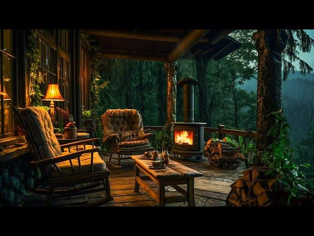 Treehouse Porch In Rain - Rain and Thunder Sound, Crackling Fire Sound - Deep Sleep, Relax, Study