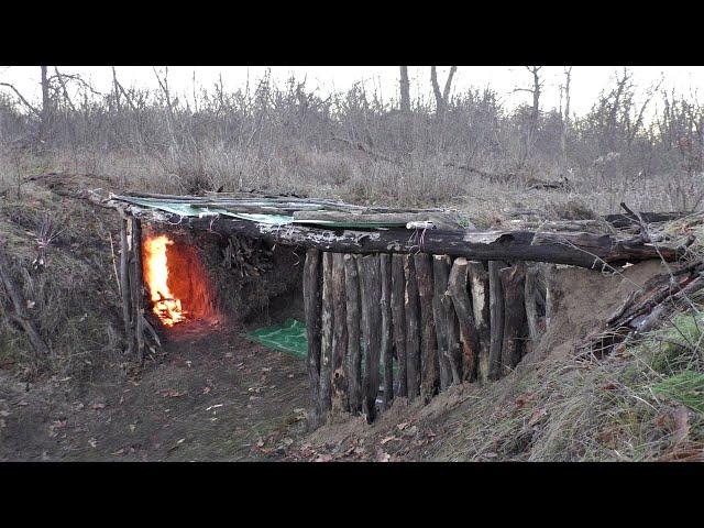 Building a warm wilderness shelter, Fireplace, Campfire cooking, ASMR